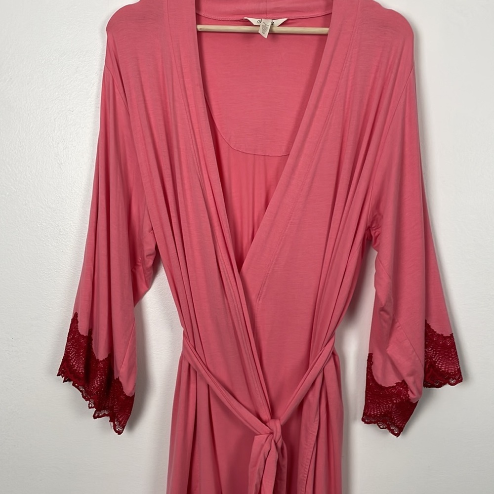 Soma robe women size S/M long sleeve lace trim scallop bottom sleeve tie waist - Picture 3 of 9